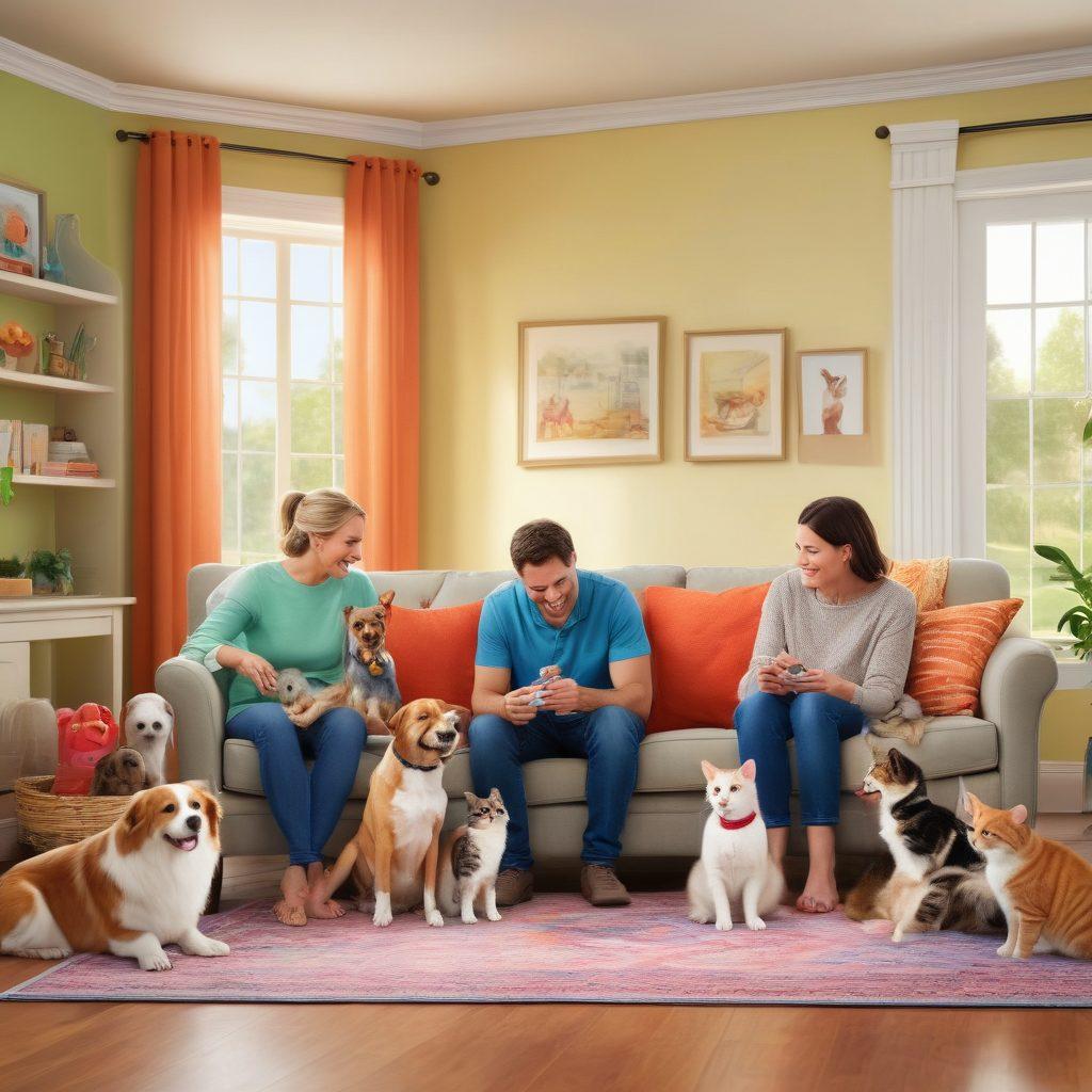 A heartwarming scene featuring a diverse range of happy pets being adopted by joyful families, a professional pet trainer working with a playful dog, and a cozy, well-maintained space where pets are receiving wellness care. Include cats, dogs, and other common pets to highlight inclusiveness. vibrant colors. super-realistic. warm, welcoming atmosphere.