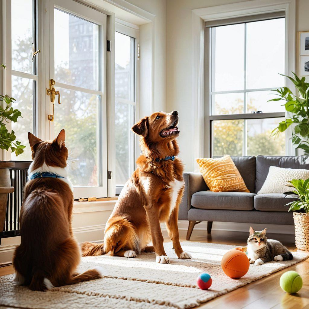 A cozy living room with a joyful dog playing fetch with its owner and a content cat lounging on a sunlit windowsill. Include vibrant colors, happy pets with gleaming eyes, and warm, inviting surroundings. Expert pet care books and friendly pet toys scattered around. Characters should be laughing and engaging with their pets. super-realistic. vibrant colors. white background.
